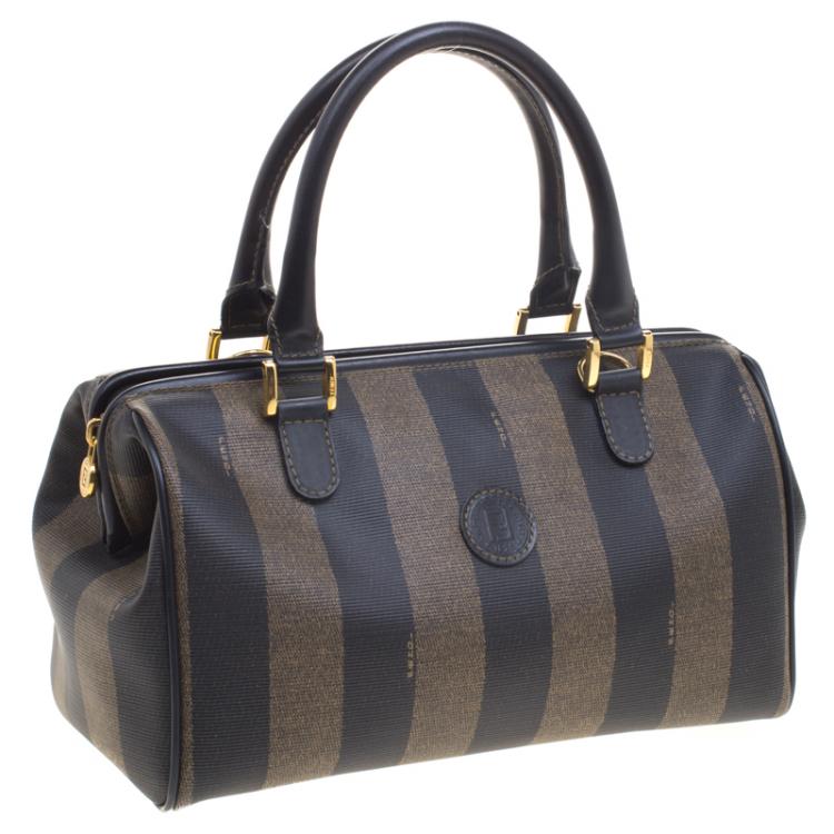 Pre Owned Fendi Tobacco Pequin Coated Canvas Boston Bag