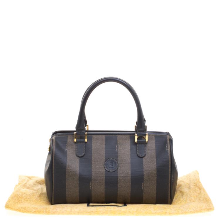 Pre Owned Fendi Tobacco Pequin Coated Canvas Boston Bag