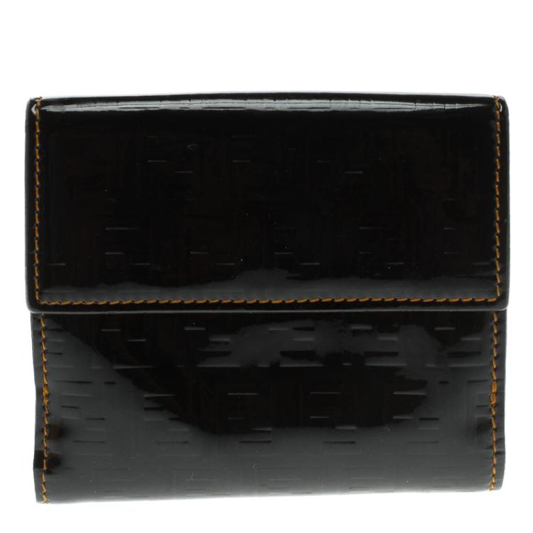 Pre Owned Fendi Black Zucchino patent Leather Compact Wallet