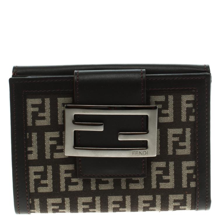 Pre Owned Fendi Dark Brown Zucchino Canvas and Leather Compact Wallet