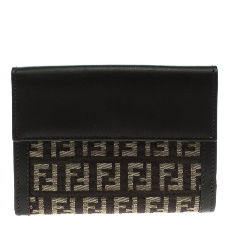 Pre Owned Fendi Dark Brown Zucchino Canvas and Leather Compact Wallet