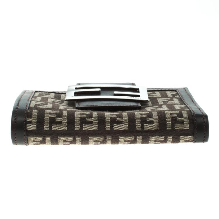 Pre Owned Fendi Dark Brown Zucchino Canvas and Leather Compact Wallet