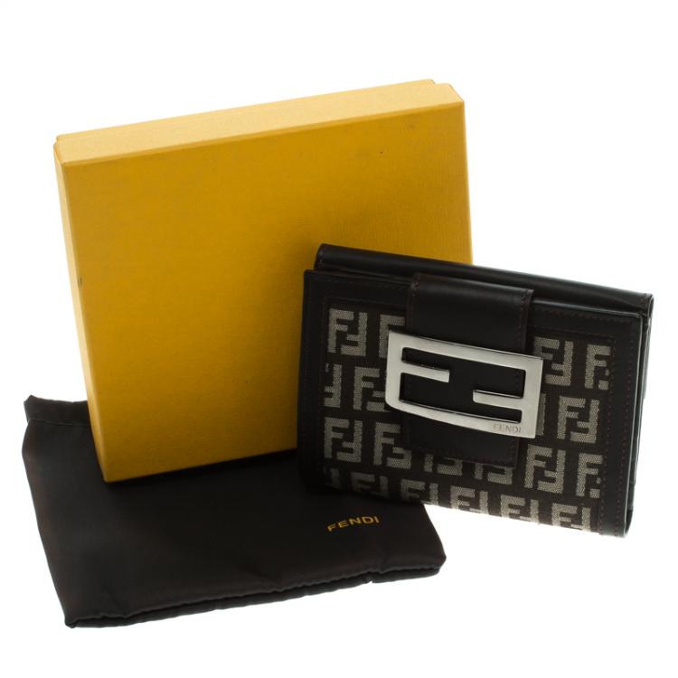 Pre Owned Fendi Dark Brown Zucchino Canvas and Leather Compact Wallet