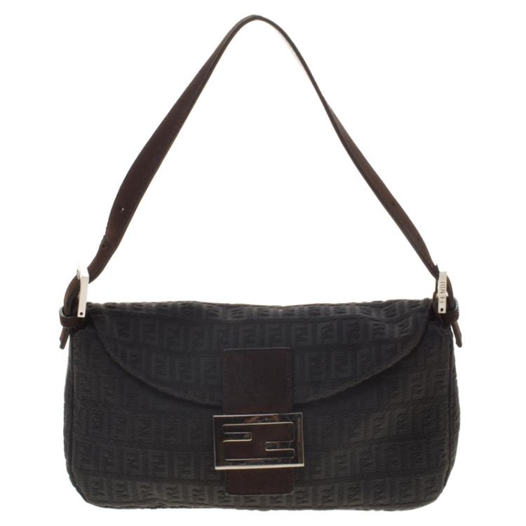 Pre Owned Fendi Grey Zucchino Fabric Baguette Shoulder Bag