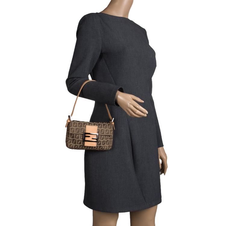 Pre Owned Fendi Fatigue Green/Beige Zucchino Canvas Mini Baguette Shoulder Bag