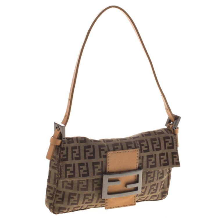 Pre Owned Fendi Fatigue Green/Beige Zucchino Canvas Mini Baguette Shoulder Bag