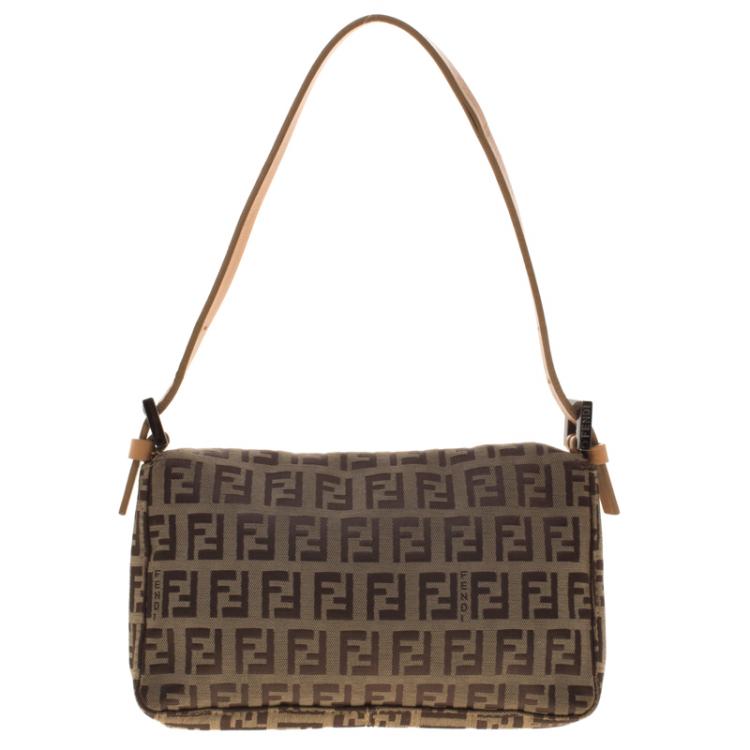 Pre Owned Fendi Fatigue Green/Beige Zucchino Canvas Mini Baguette Shoulder Bag