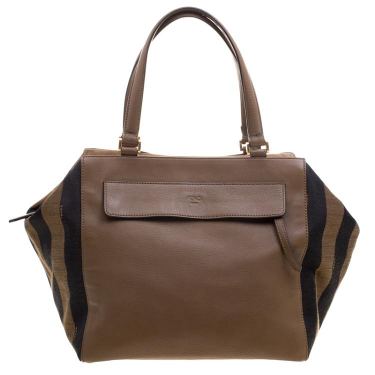 Pre Owned Fendi Brown Leanther/Canvas and Suede Pequin Boston Bag