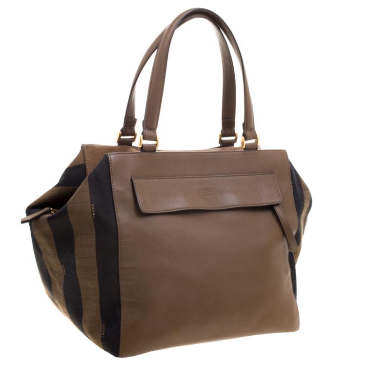 Pre Owned Fendi Brown Leanther/Canvas and Suede Pequin Boston Bag
