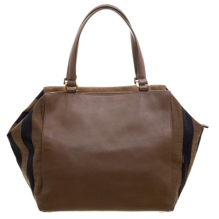 Pre Owned Fendi Brown Leanther/Canvas and Suede Pequin Boston Bag