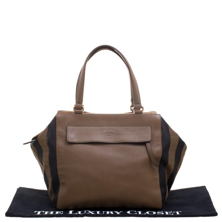 Pre Owned Fendi Brown Leanther/Canvas and Suede Pequin Boston Bag