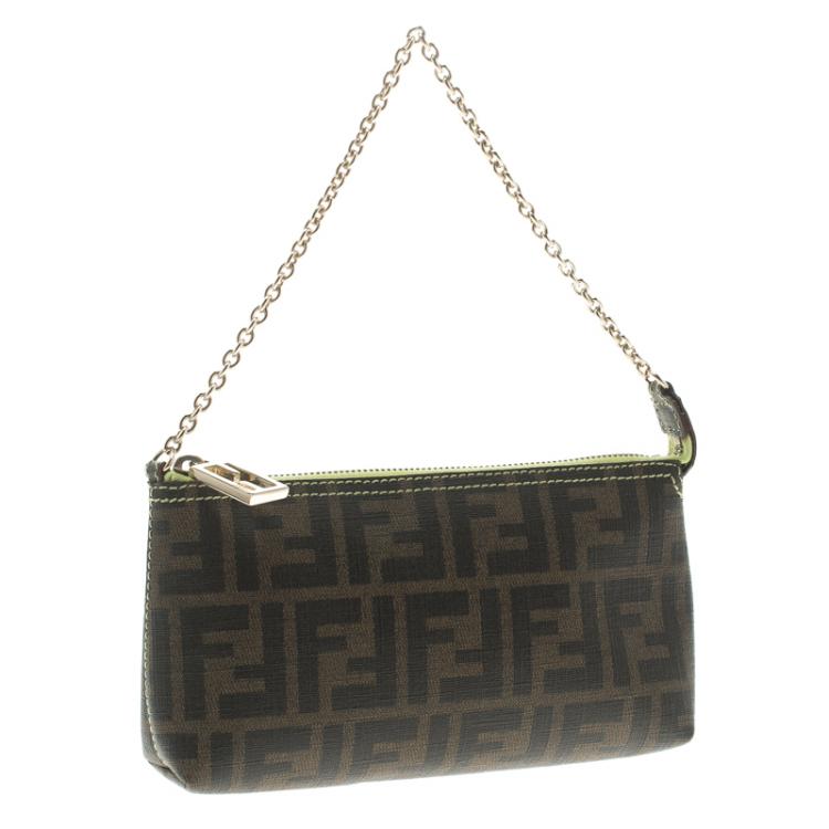 Pre Owned Fendi Tobacco/Green Zucca Coated Canvas Pochette
