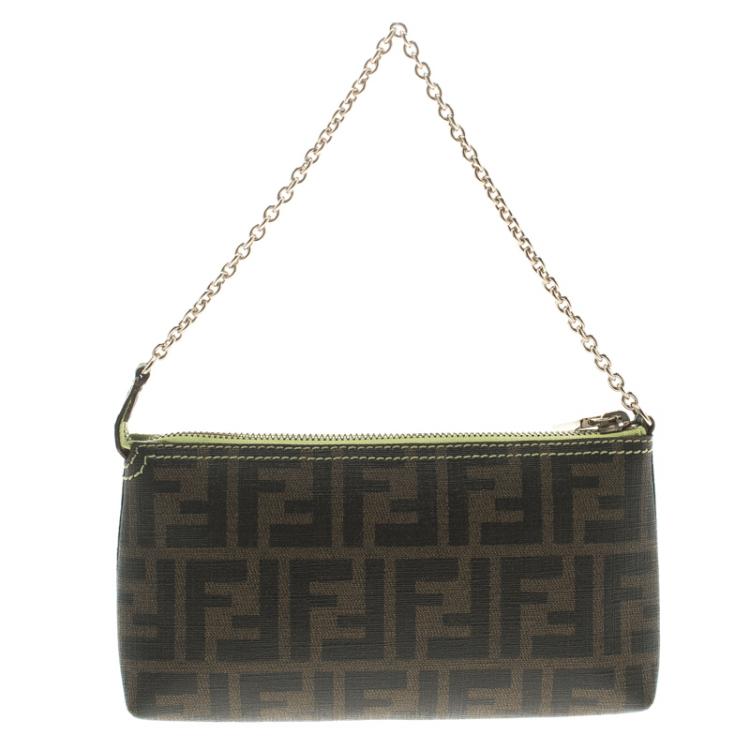 Pre Owned Fendi Tobacco/Green Zucca Coated Canvas Pochette