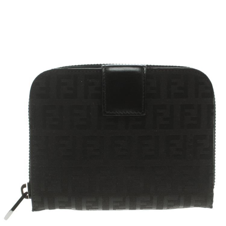 Pre Owned Fendi Black Zucchino Canvas Zip Around Compact Wallet
