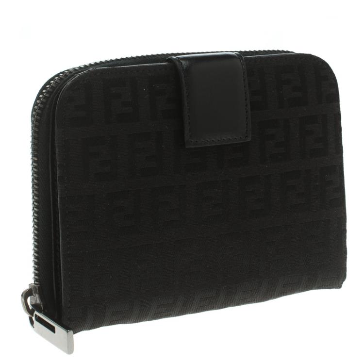 Pre Owned Fendi Black Zucchino Canvas Zip Around Compact Wallet
