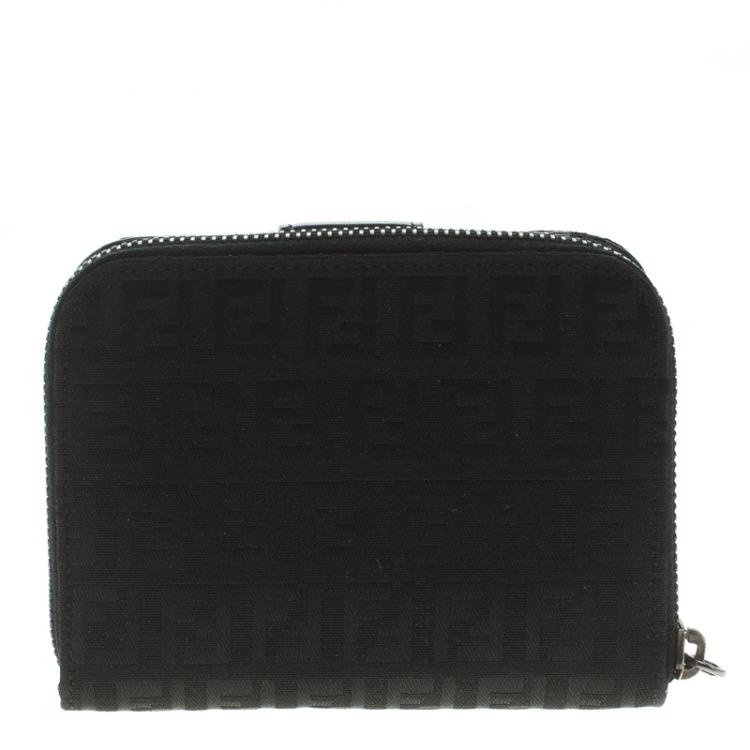 Pre Owned Fendi Black Zucchino Canvas Zip Around Compact Wallet
