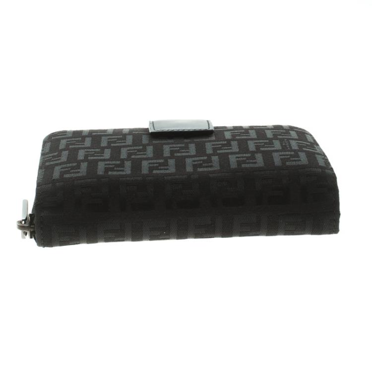 Pre Owned Fendi Black Zucchino Canvas Zip Around Compact Wallet

