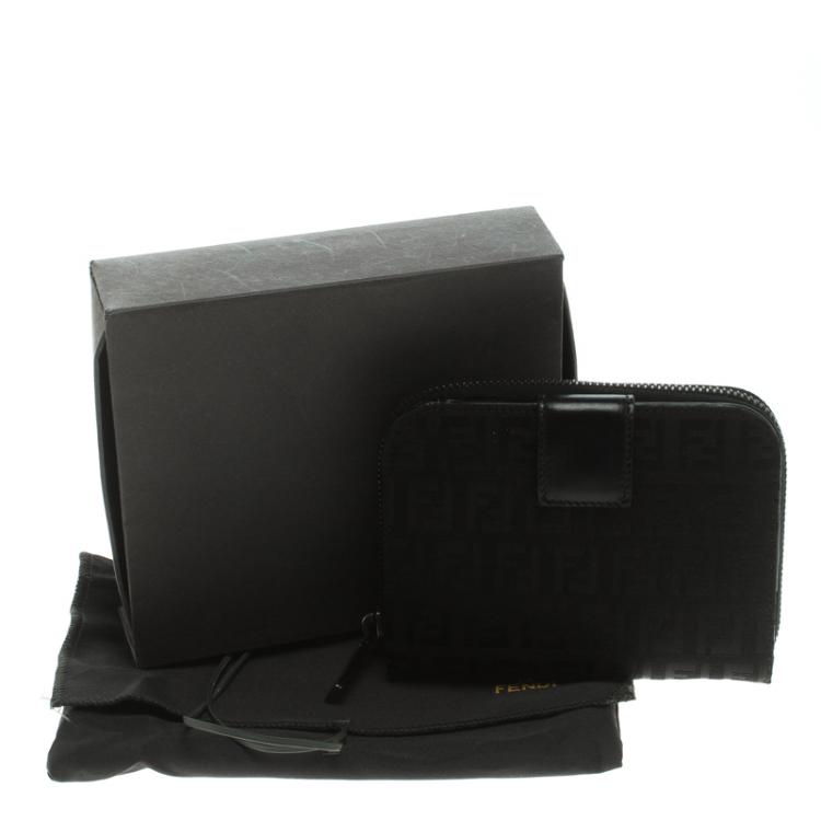 Pre Owned Fendi Black Zucchino Canvas Zip Around Compact Wallet
