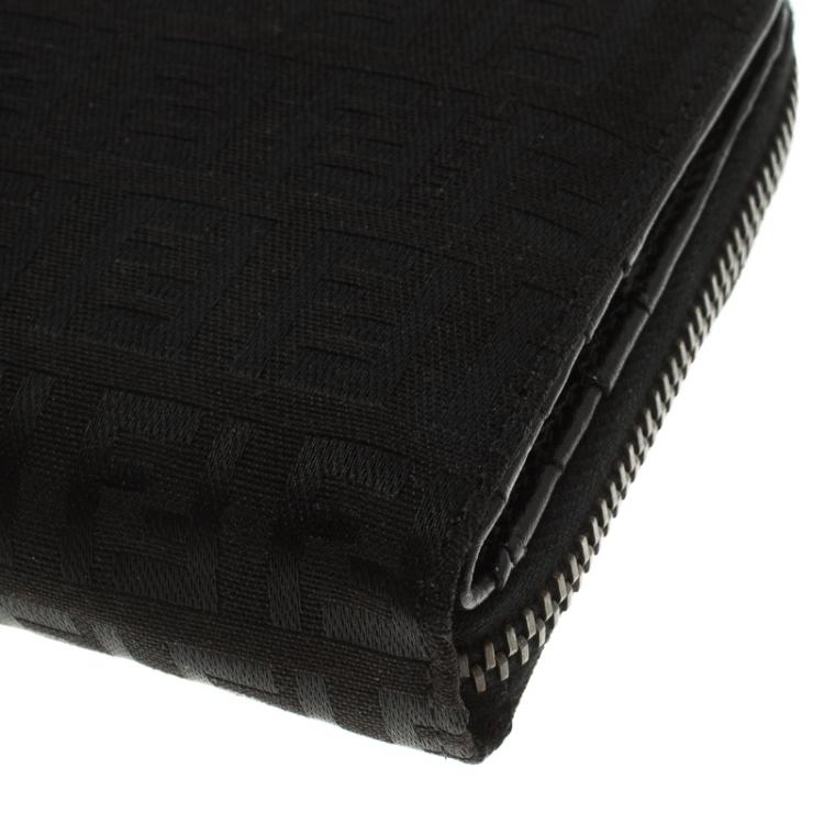 Pre Owned Fendi Black Zucchino Canvas Zip Around Compact Wallet
