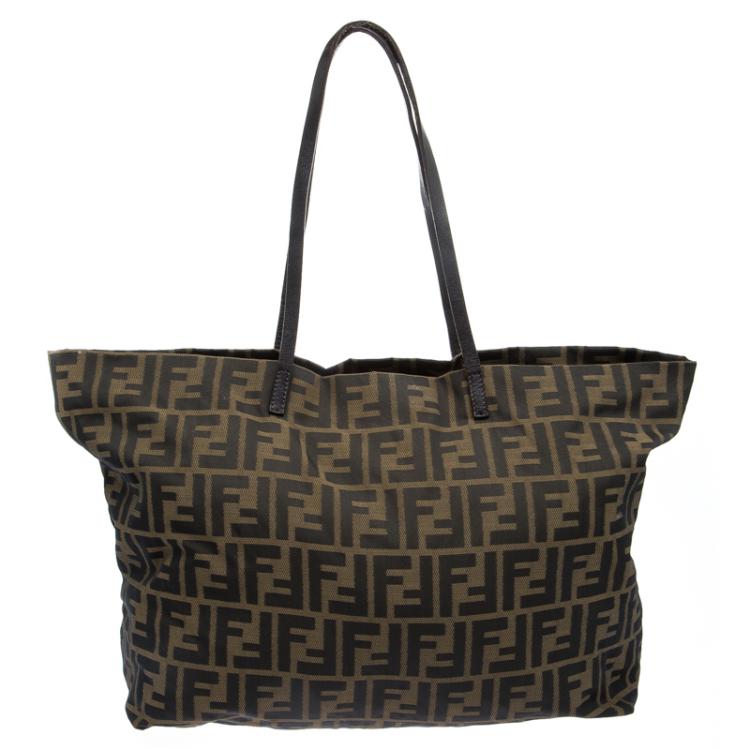 Pre Owned Fendi Tobacco Zucca Fabric Roll Shopper Tote