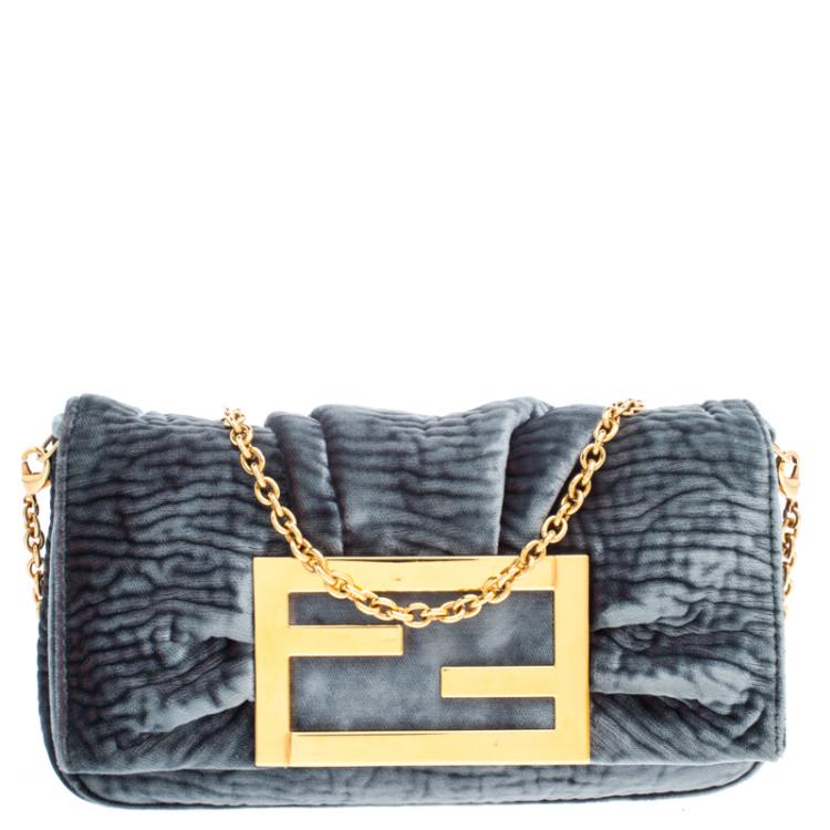 Pre Owned Fendi Metallic Grey Velvet Mia Pochette Bag