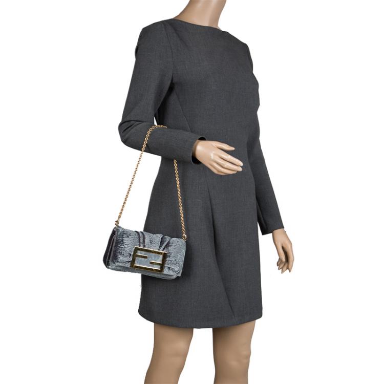 Pre Owned Fendi Metallic Grey Velvet Mia Pochette Bag