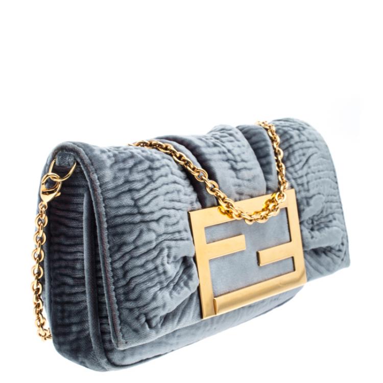 Pre Owned Fendi Metallic Grey Velvet Mia Pochette Bag