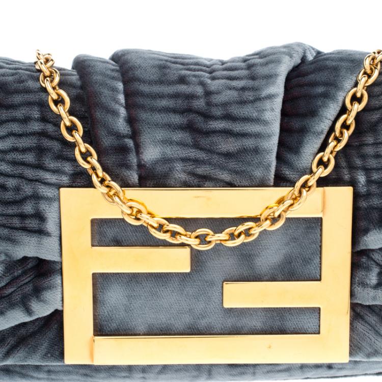 Pre Owned Fendi Metallic Grey Velvet Mia Pochette Bag