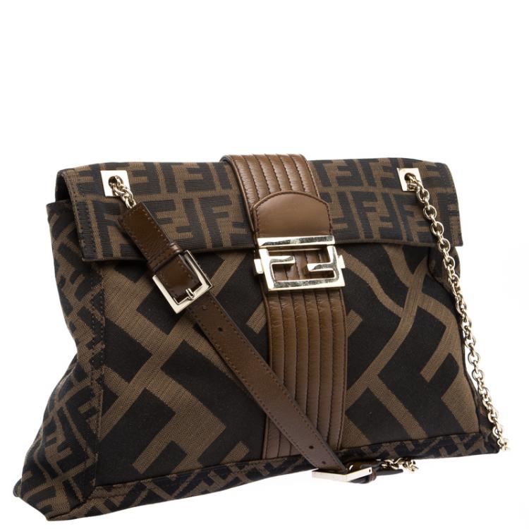 Pre Owned Fendi Tobacco Zucca Canvas Maxi Baguette Shoulder Bag