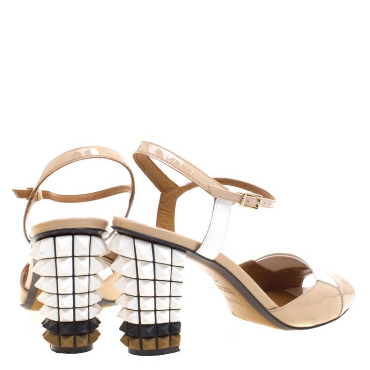 Pre Owned Fendi Two Tone Patent Leather Polifonia Ankle Strap Sandals Size 37