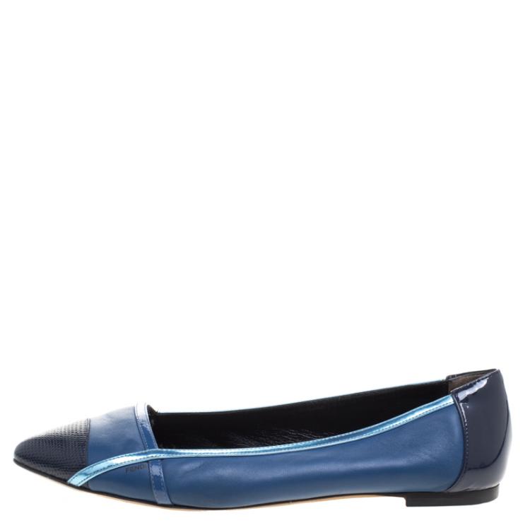 Pre Owned Fendi Blue Leather Pointed Toe Flats Size 37.5