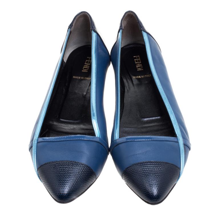 Pre Owned Fendi Blue Leather Pointed Toe Flats Size 37.5