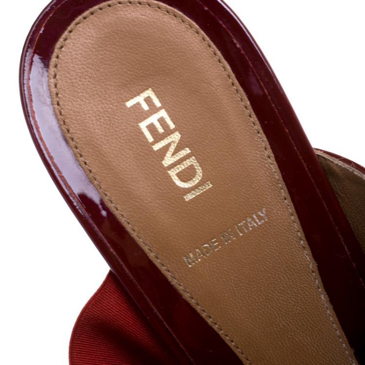 Pre Owned Fendi Red Patent Leather And Zucca Canvas Demi Wedge Slides Size 41