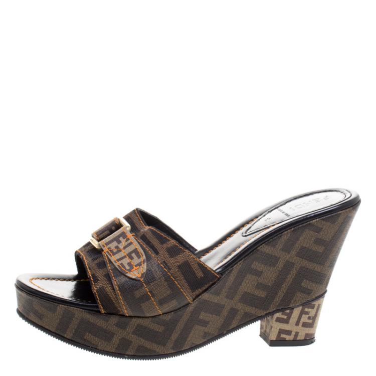 Pre Owned Fendi Tobacco Zucca Canvas Wedge Slides Size 38