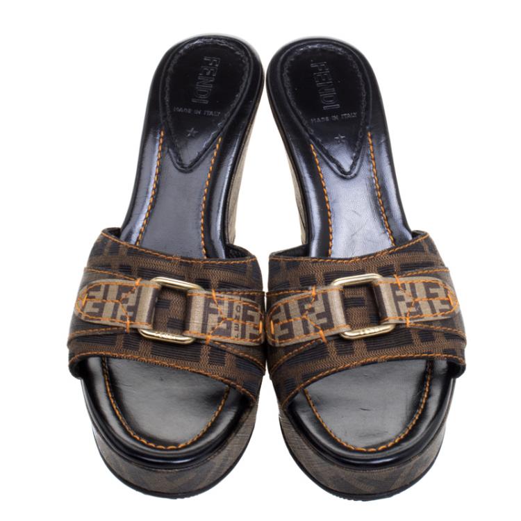 Pre Owned Fendi Tobacco Zucca Canvas Wedge Slides Size 38