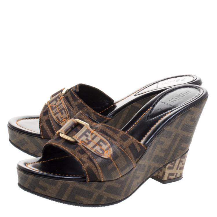 Pre Owned Fendi Tobacco Zucca Canvas Wedge Slides Size 38