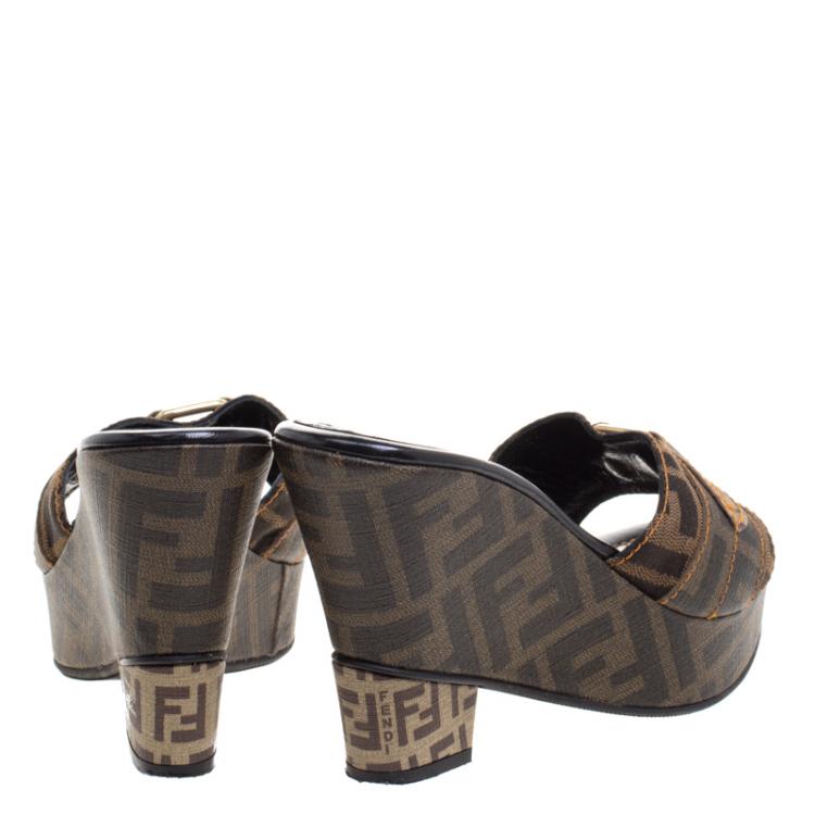 Pre Owned Fendi Tobacco Zucca Canvas Wedge Slides Size 38