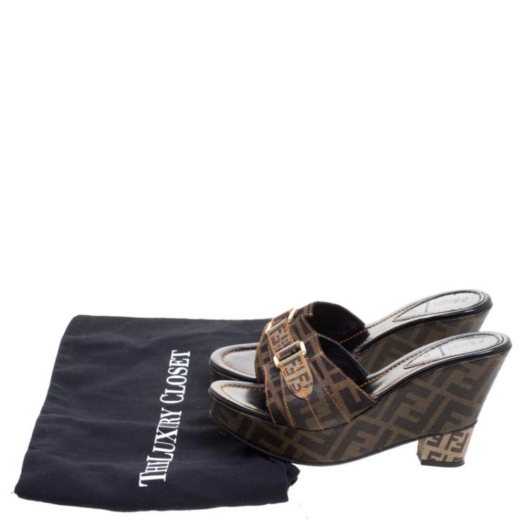 Pre Owned Fendi Tobacco Zucca Canvas Wedge Slides Size 38