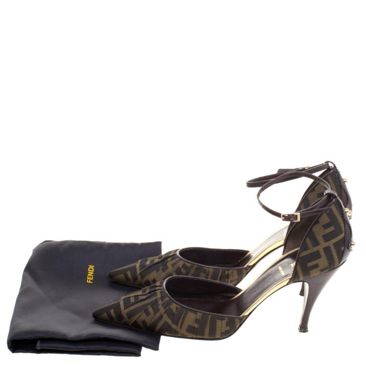 Pre Owned Fendi Brown Zucca Pleated Canvas Pointed Toe Ankle Strap D'orsay Pumps Size 40
