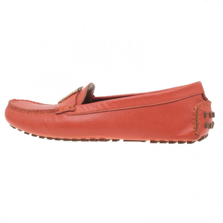 Pre Owned Fendi Red Leather Logo Loafers Size 38.5