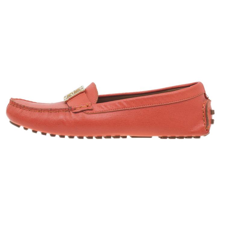 Pre Owned Fendi Red Leather Logo Loafers Size 38.5