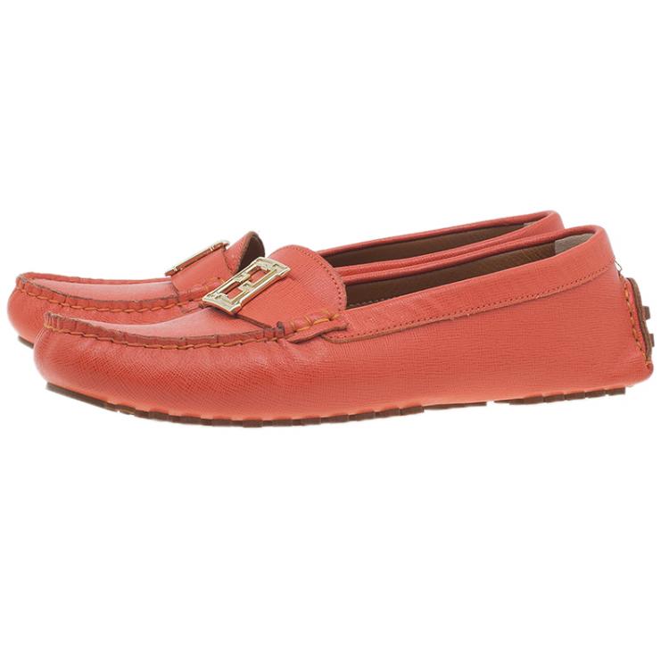 Pre Owned Fendi Red Leather Logo Loafers Size 38.5