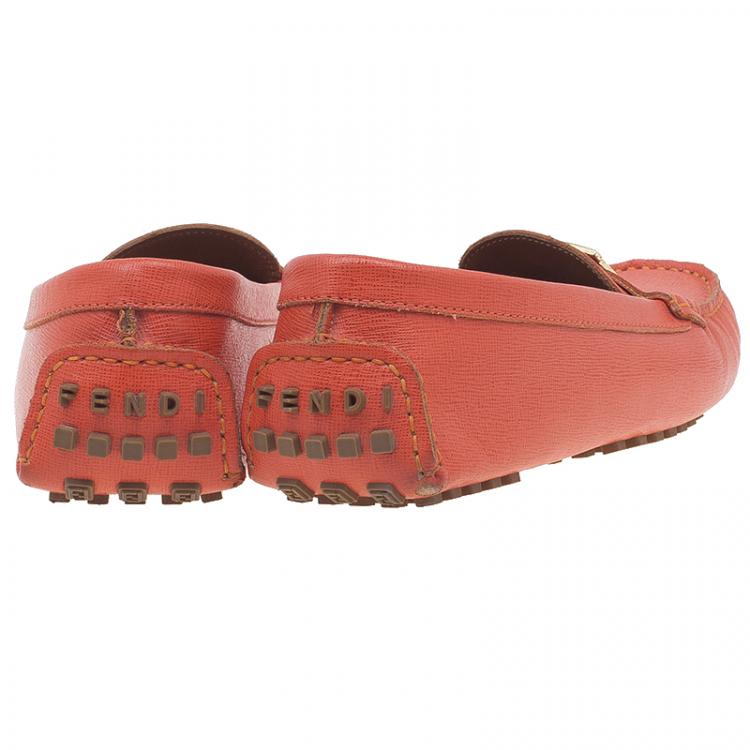 Pre Owned Fendi Red Leather Logo Loafers Size 38.5