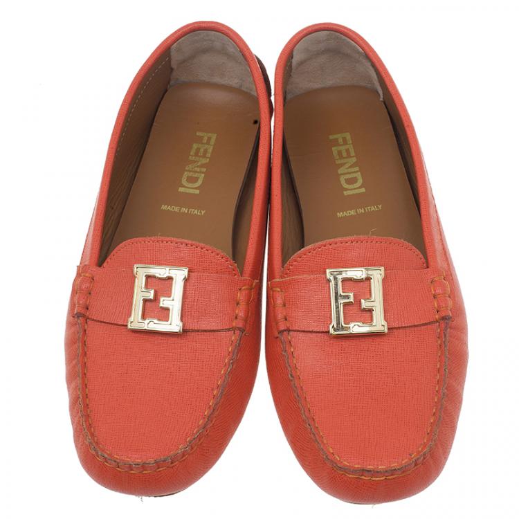 Pre Owned Fendi Red Leather Logo Loafers Size 38.5