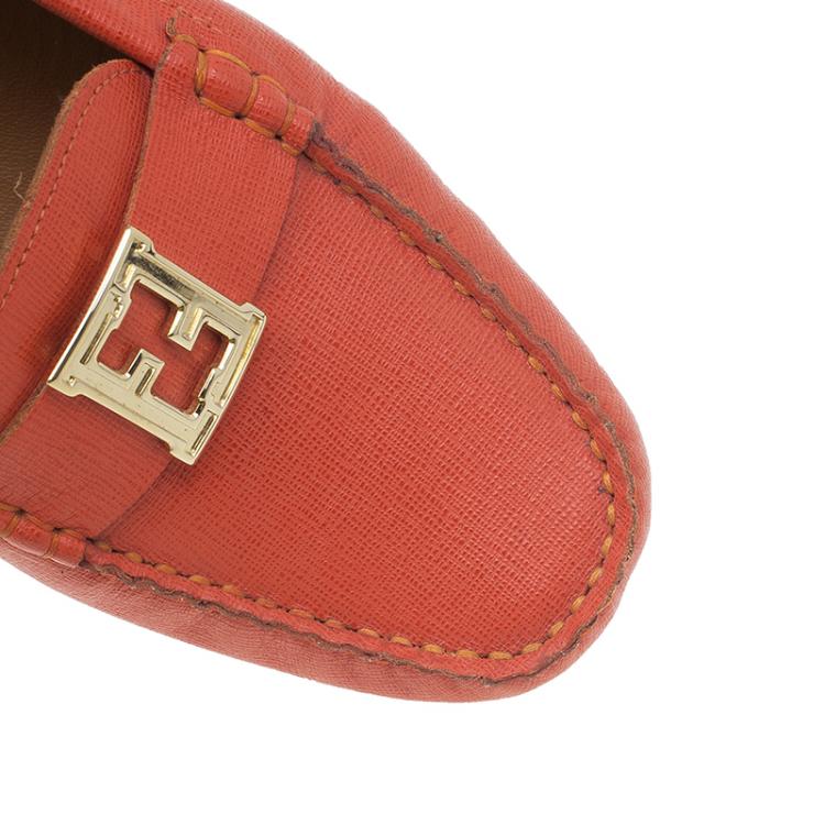 Pre Owned Fendi Red Leather Logo Loafers Size 38.5