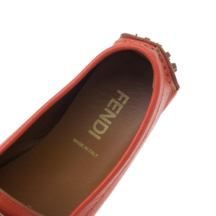 Pre Owned Fendi Red Leather Logo Loafers Size 38.5