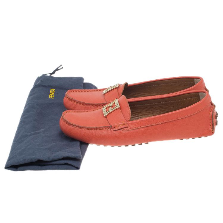 Pre Owned Fendi Red Leather Logo Loafers Size 38.5