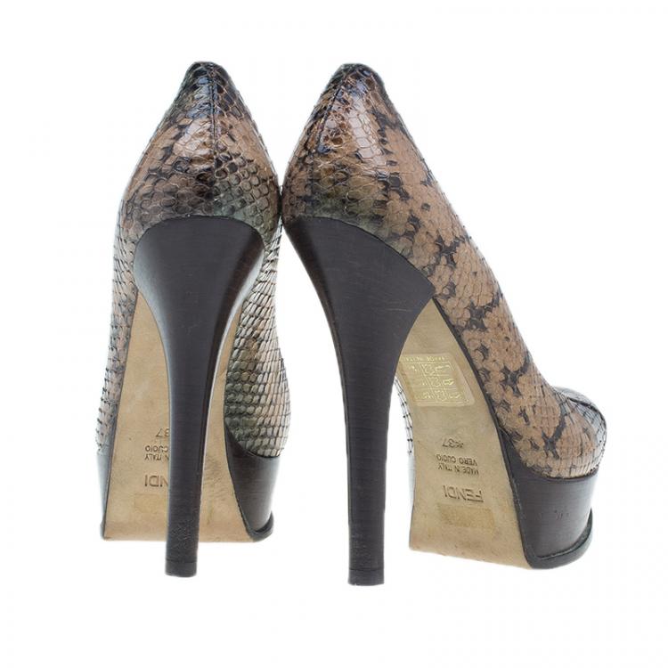 Pre Owned Fendi Brown Python Fendista Platform Pumps Size 37