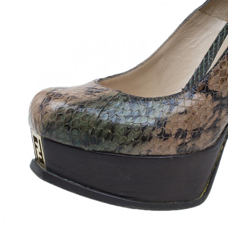 Pre Owned Fendi Brown Python Fendista Platform Pumps Size 37