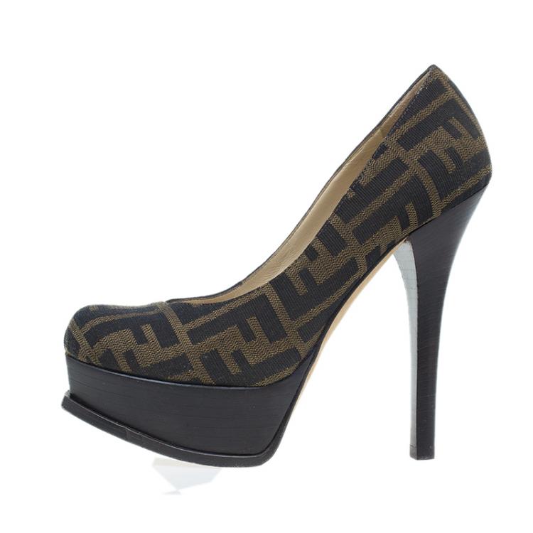 Pre Owned Fendi Tobacco Zucca Canvas Logo Platform Pumps Size 37.5
